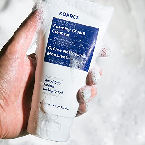 KORRES Greek Yoghurt Cleanser texture shows cream-to-foam action for balanced cleansing