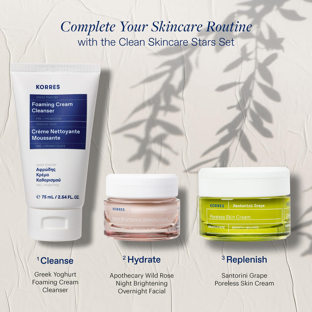 KORRES Greek Yoghurt Cream-to-Foam formula transitions to foam for a refreshing cleanse.