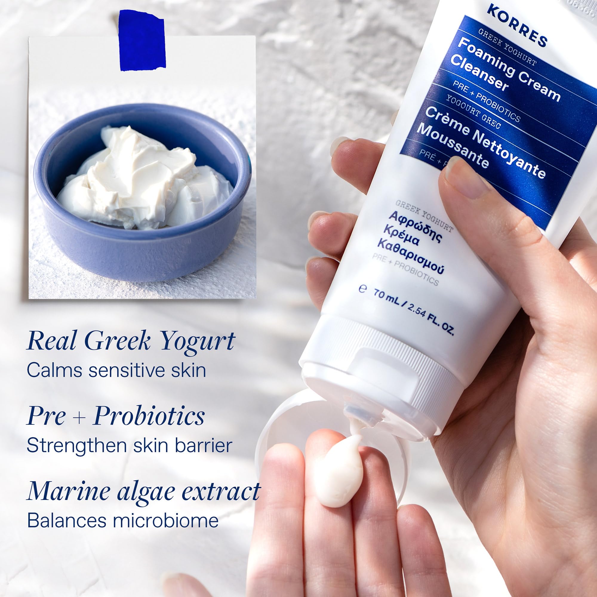 KORRES ingredients illustration shows Greek yogurt and amaranth for barrier-supporting skincare.