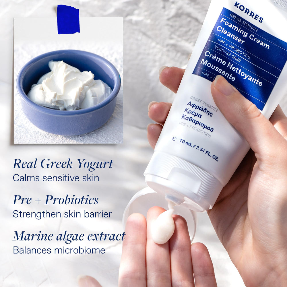 KORRES ingredients illustration shows Greek yogurt and amaranth for barrier-supporting skincare.