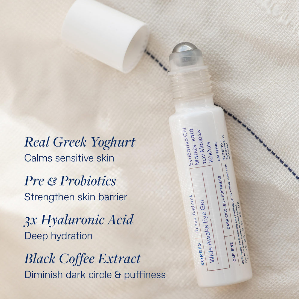 KORRES eye gel ingredients closeup shows hyaluronic acid and caffeine benefits