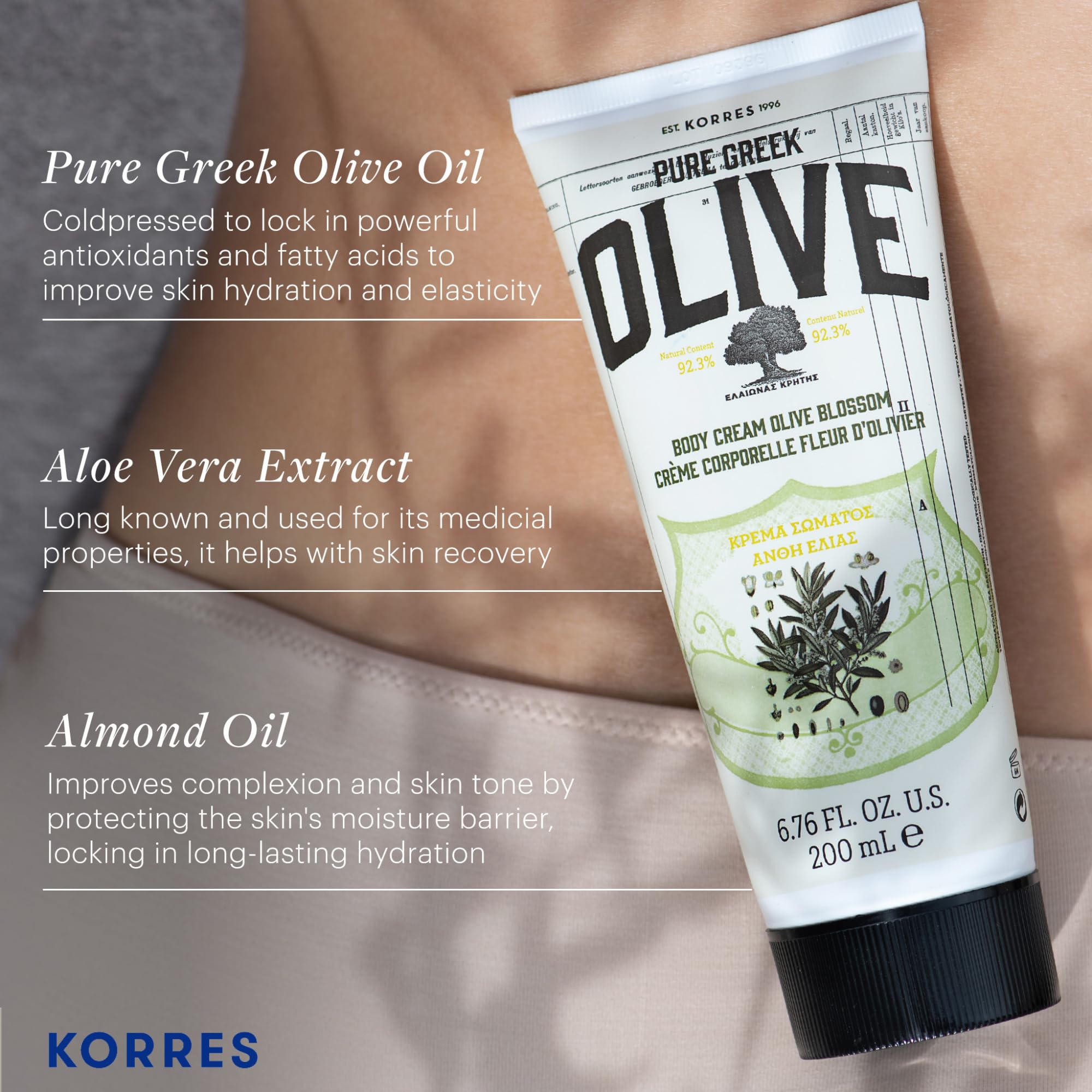 KORRES Olive Body Lotion pump application shows quick absorption after shower.