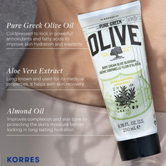 KORRES Olive Body Lotion pump application shows quick absorption after shower.