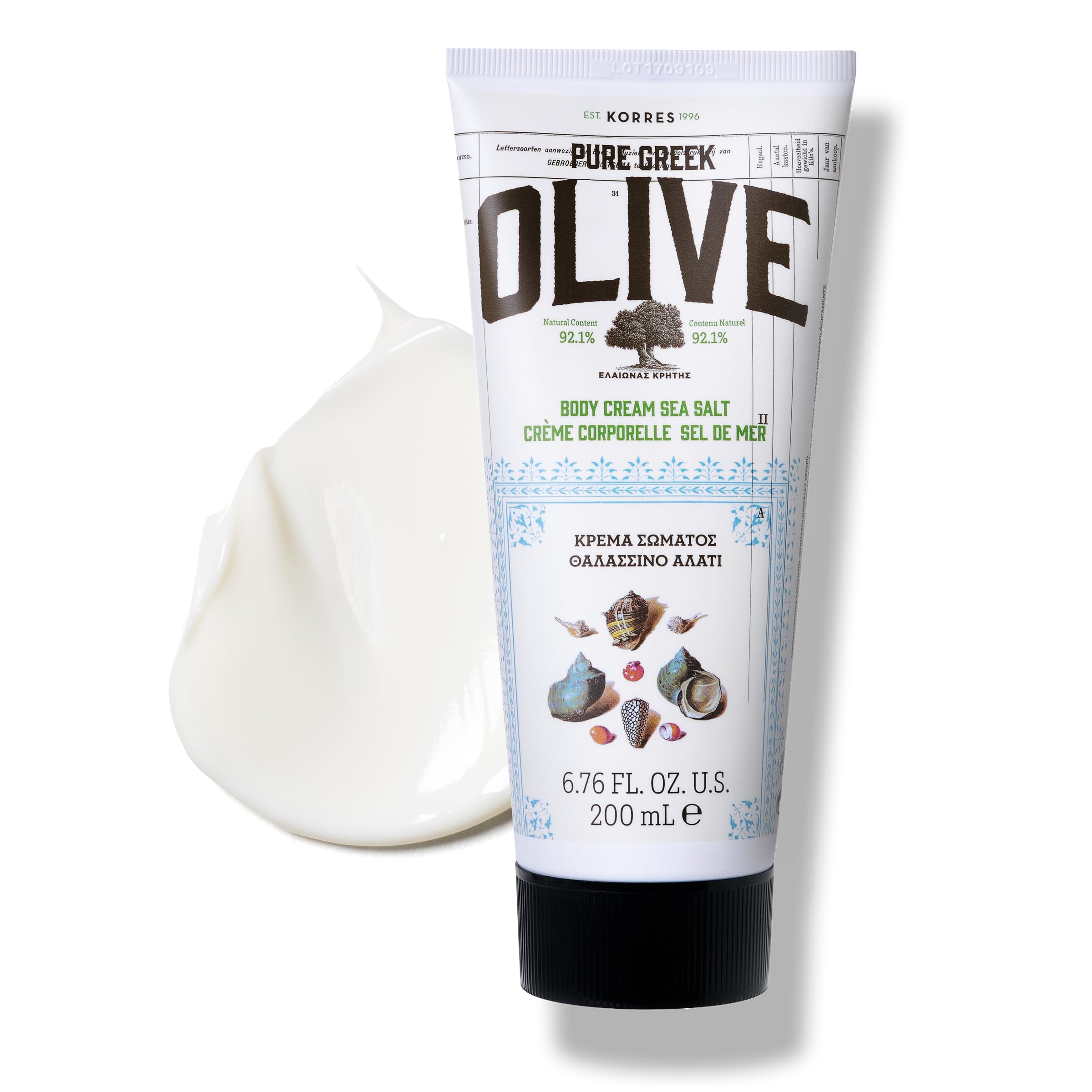 KORRES Olive Body Lotion bottle with sea salt scent for quick hydration.