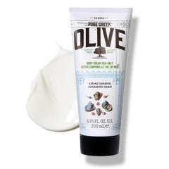 KORRES Olive Body Lotion bottle with sea salt scent for quick hydration.