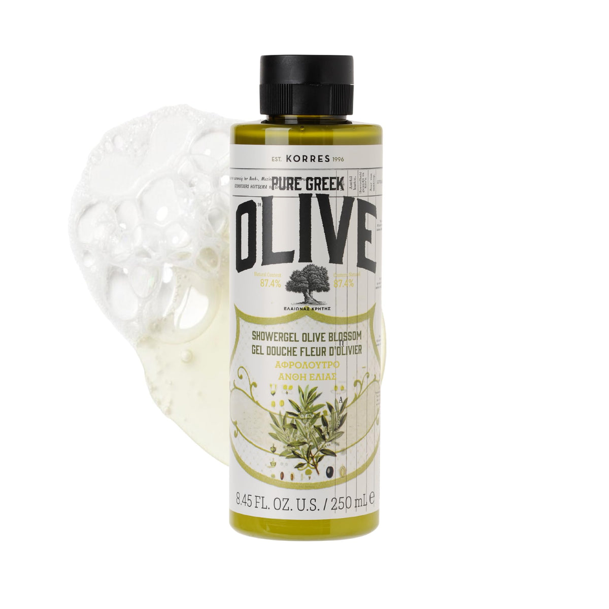 KORRES Olive Oil Shower Gel bottle highlights hydrating olive oil formula for dry skin