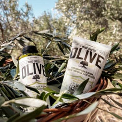 KORRES Olive Oil Shower Gel close-up shows antioxidants and omega fatty acids