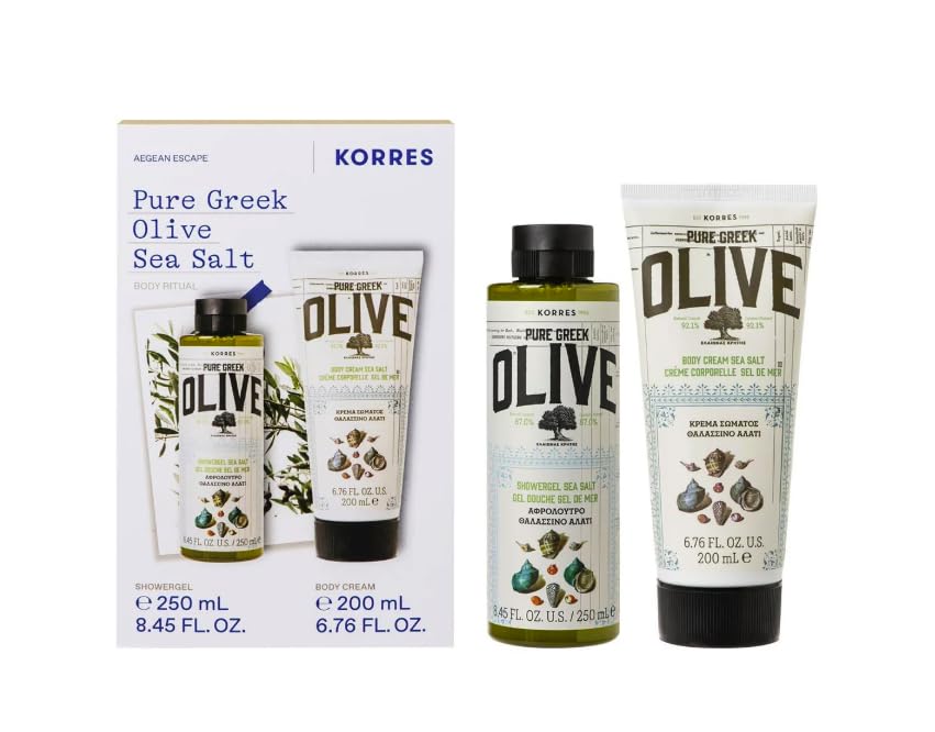 Korres Olive Sea Salt set packaging—shower gel and body milk for refreshing cleansing and hydration.