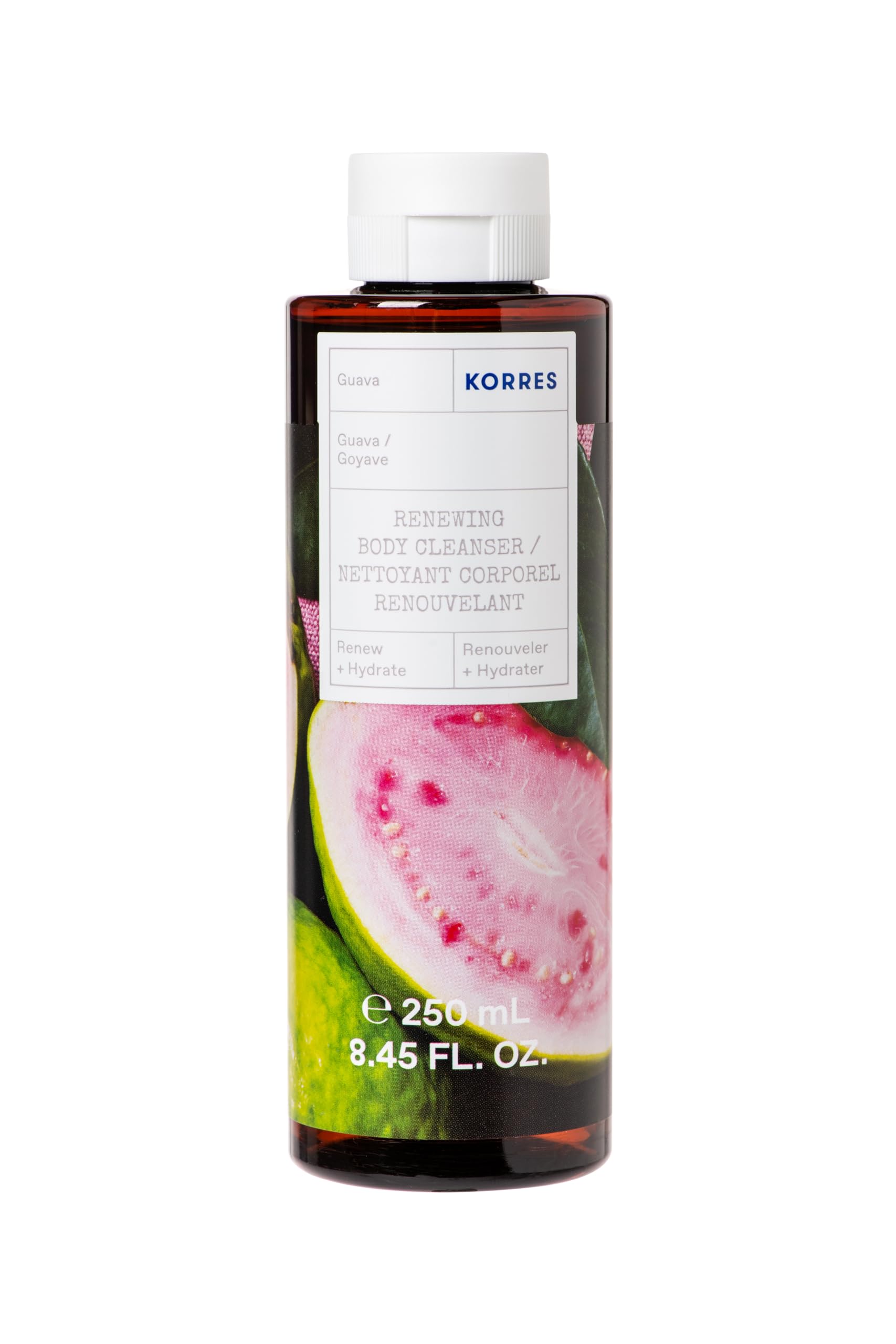 KORRES Renewing Body Cleanser bottle releasing creamy guava lather for daily hydration.