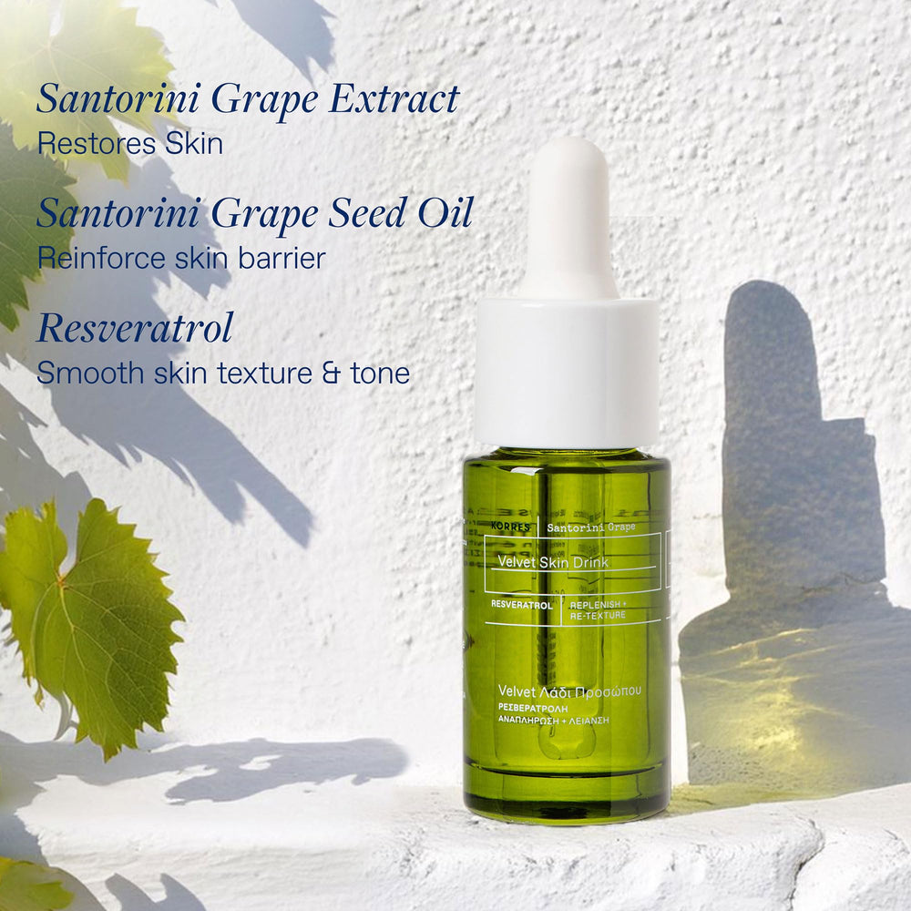 KORRES Santorini Grape Velvet Skin Drink closeup of resveratrol formula