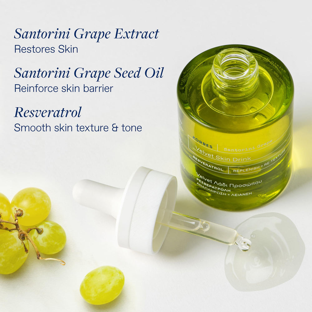 KORRES Santorini grape seed oil bottle emphasizing nourishing care