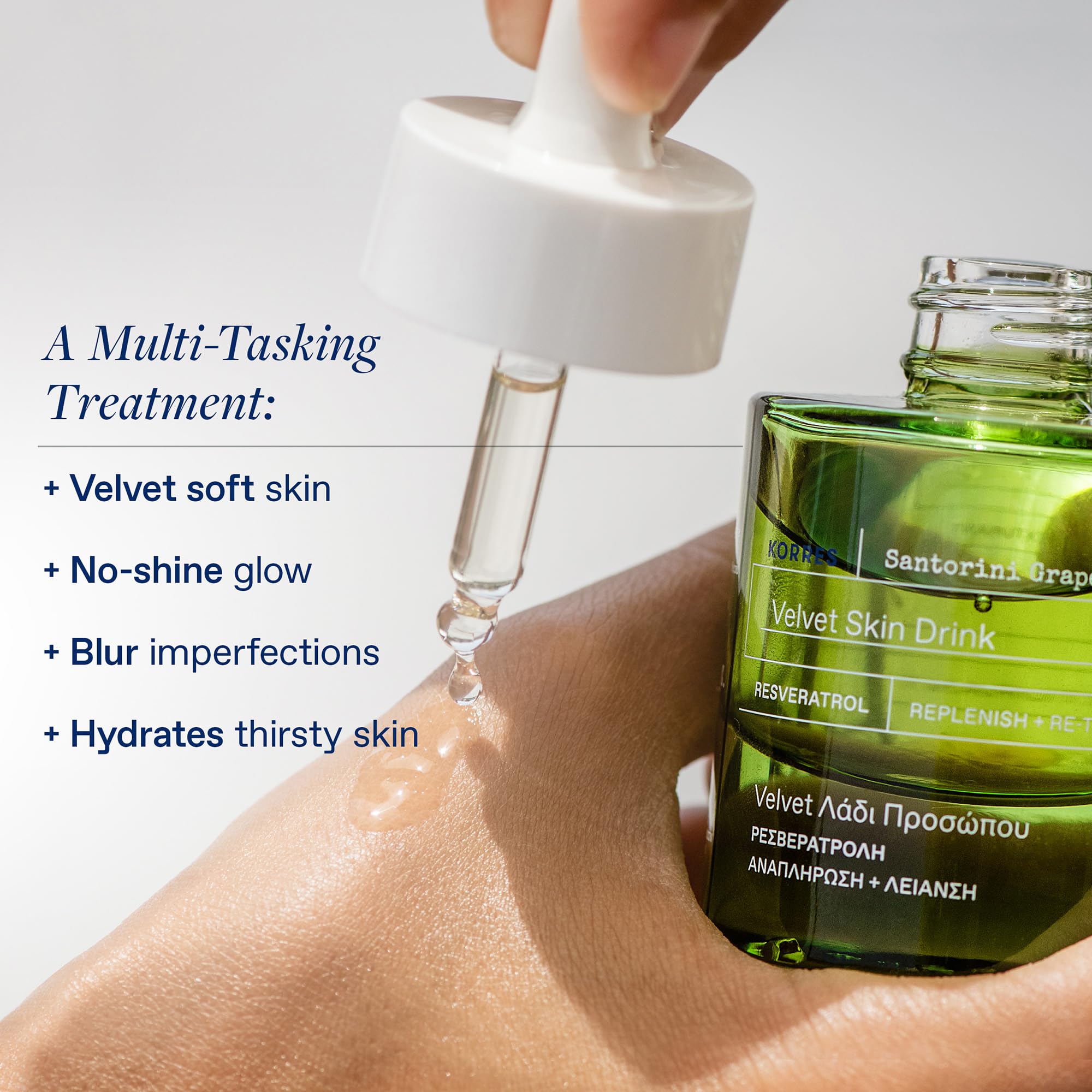 KORRES Velvet Skin Drink dropper for controlled, lightweight application
