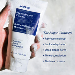 KORRES yoghurt-foam-lather-closeup demonstrates creamy texture for sensitive skin cleansing