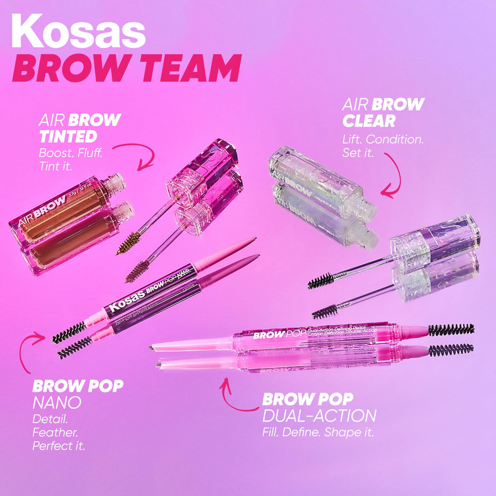 Kosas Brow Pop Nano packaging and pencil tip on display