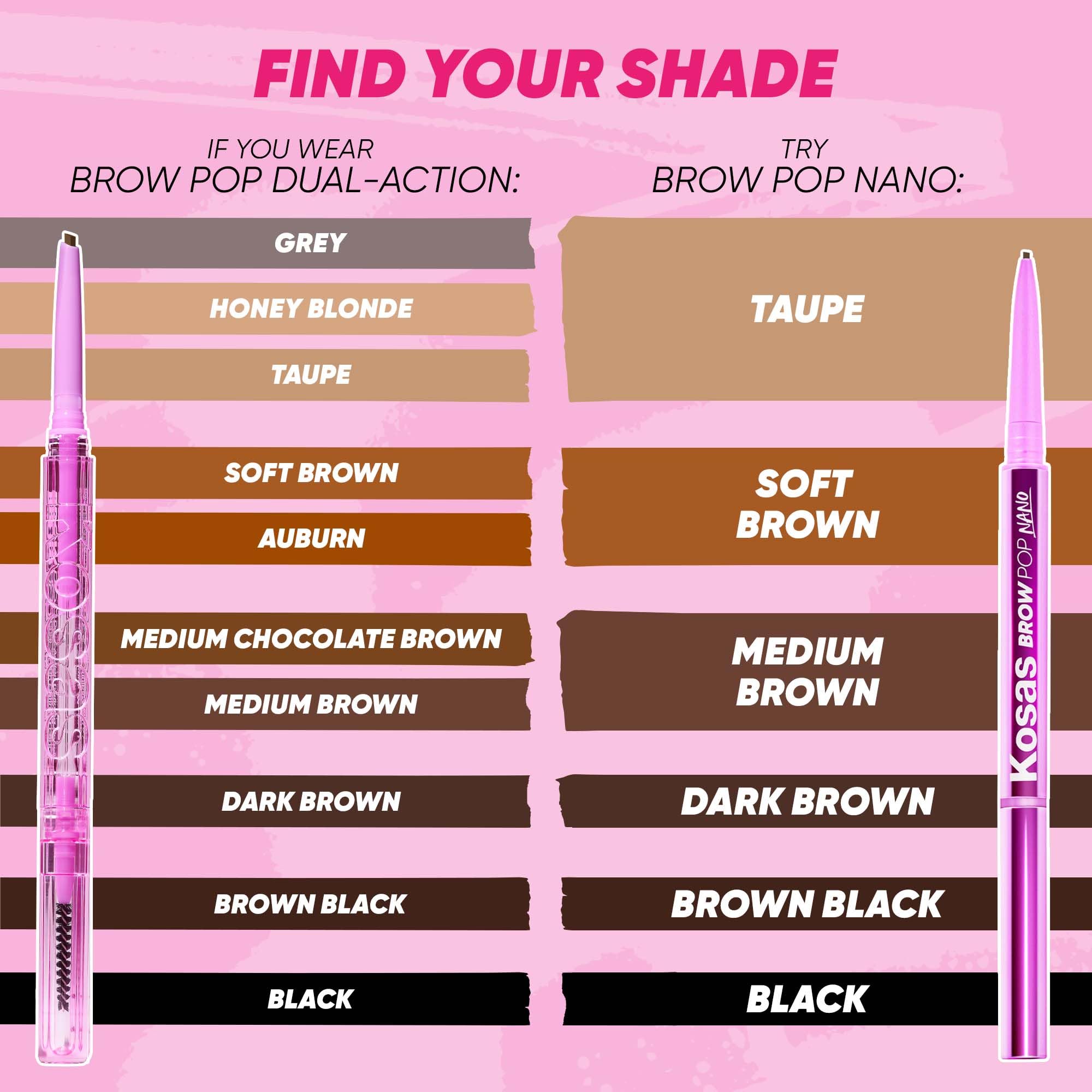 Kosas Brow Pop Nano shade-range swatches for versatile brow tones