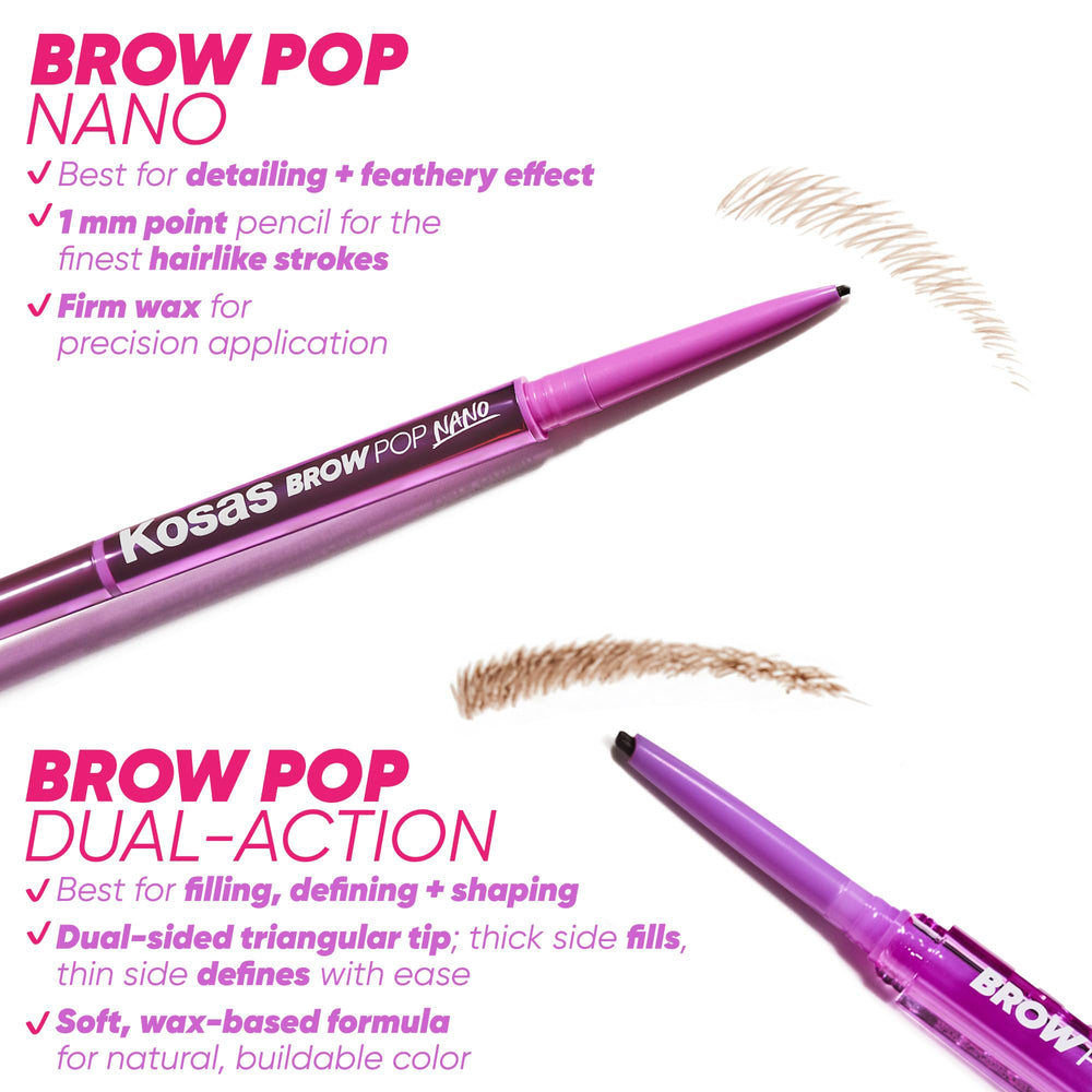 Kosas Brow Pop Nano spoolie included for easy brow prep and brushing.