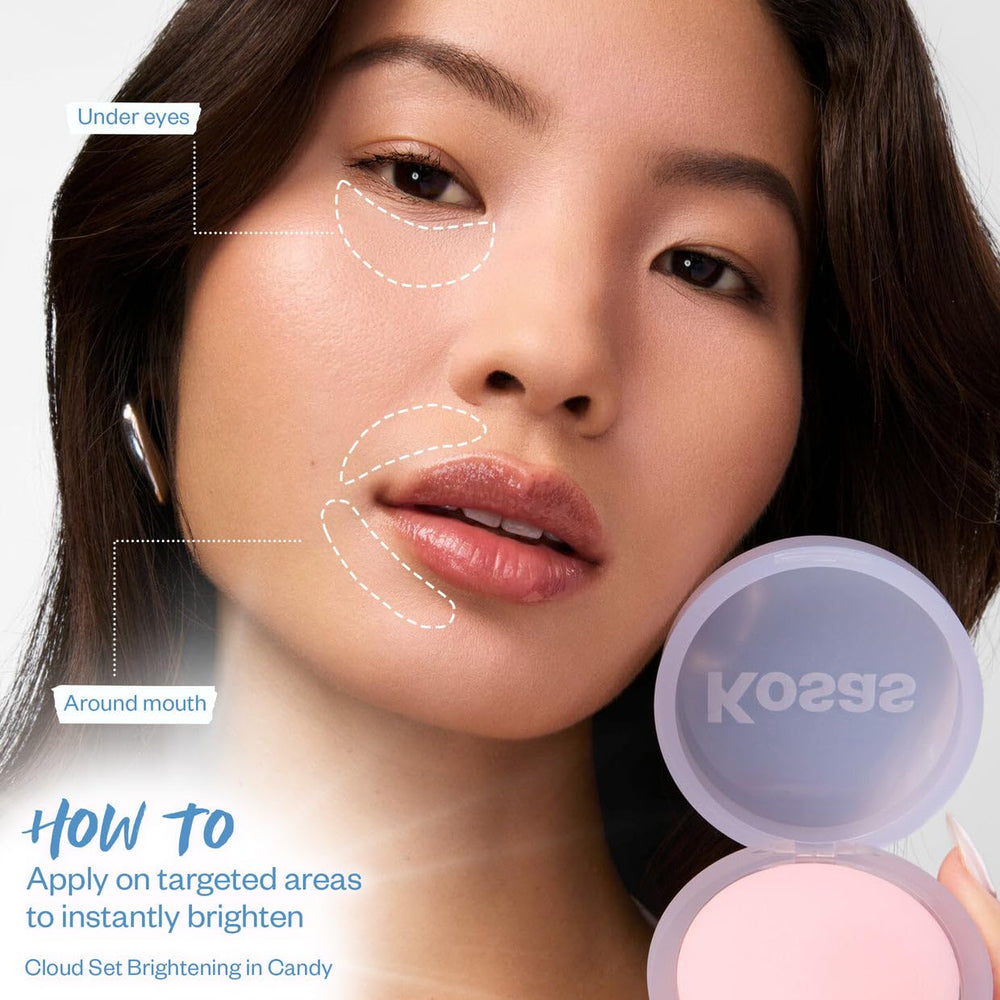 Kosas Cloud Set Candy near pores image highlights pore-minimizing peony extract effect.