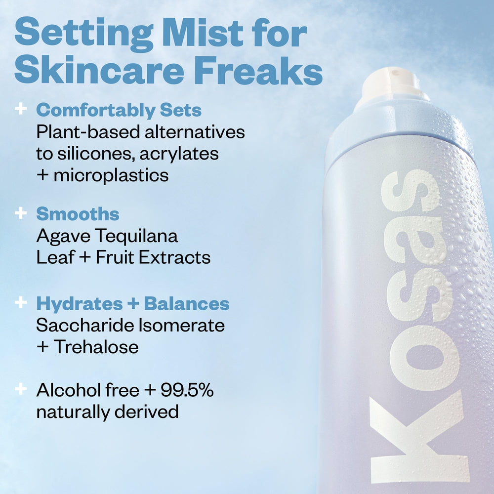 Kosas Cloud Set atomizer visuals highlights 12-hour hold without dryness.
