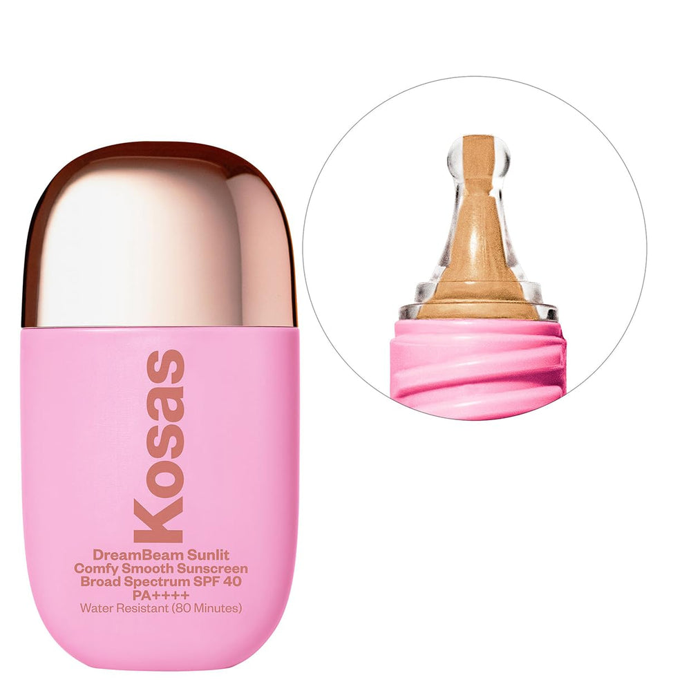 Kosas DreamBeam golden swatch shows soft glow and makeup-ready base.