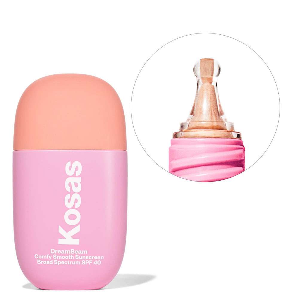 Kosas DreamBeam SPF 40 application image on the face demonstrates a smooth base before makeup.