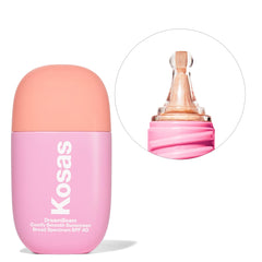 Kosas DreamBeam SPF 40 application image on the face demonstrates a smooth base before makeup.