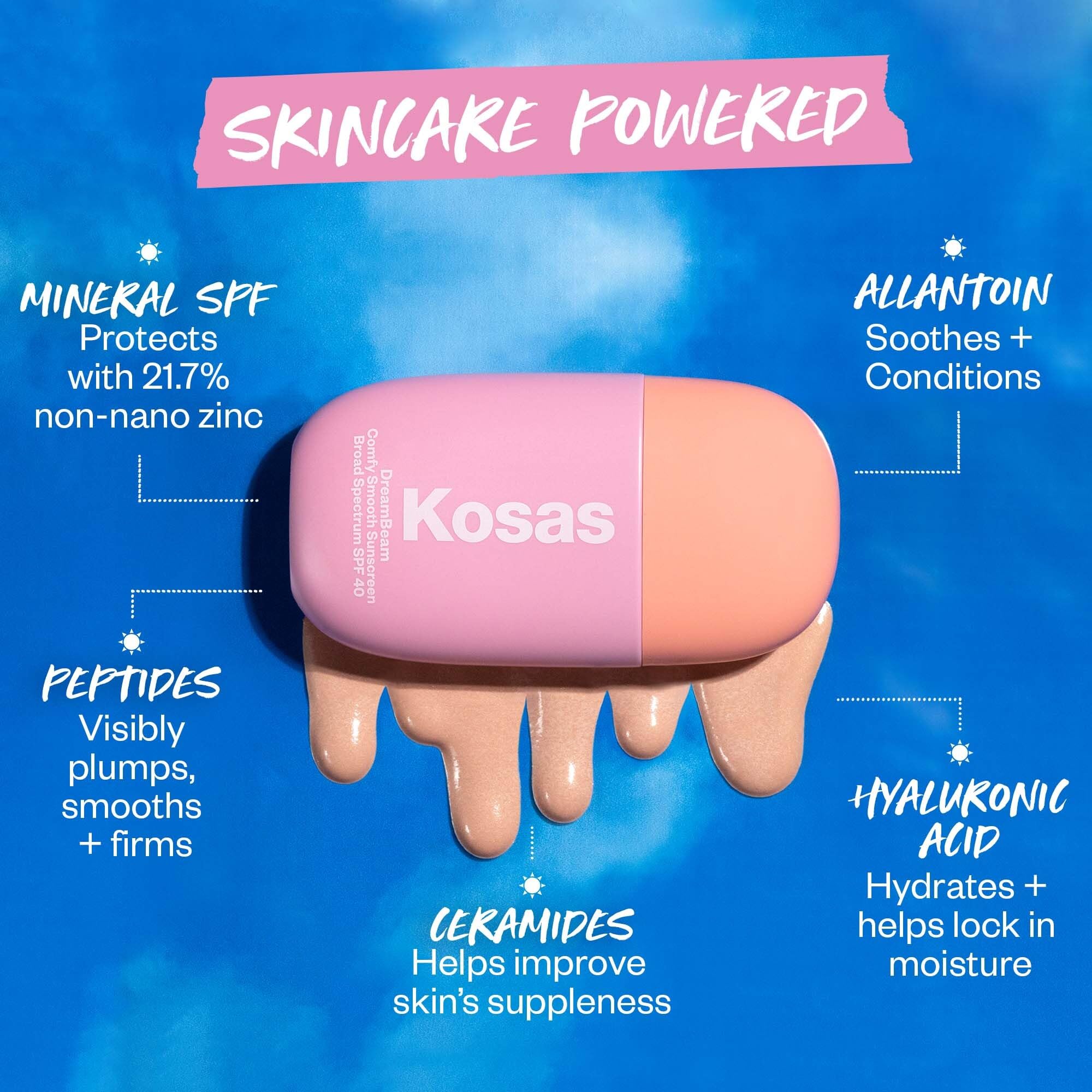 Kosas DreamBeam SPF 40 fragrance-free packaging highlights safe, sensitive-skin friendly sunscreen.