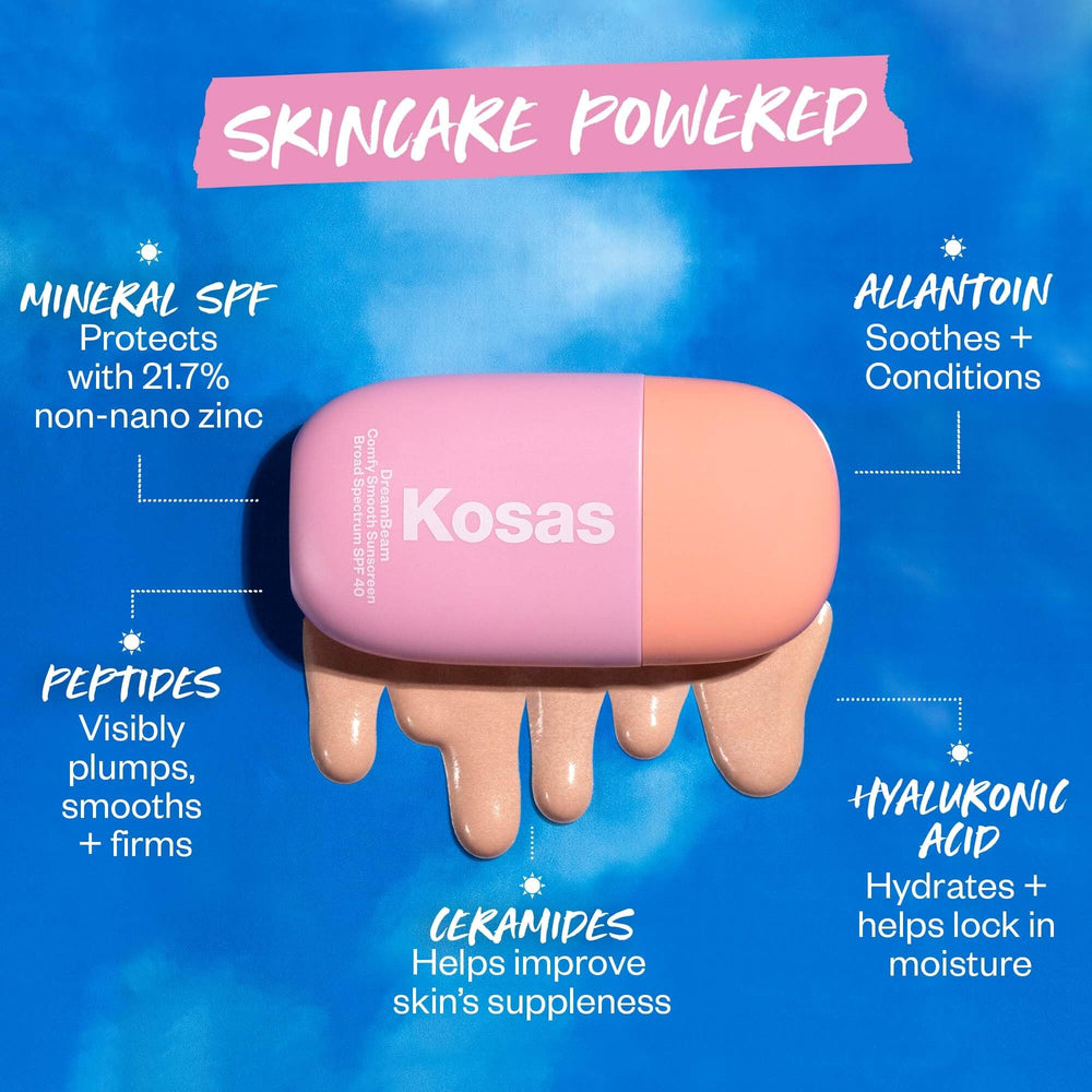 Kosas DreamBeam SPF 40 fragrance-free packaging highlights safe, sensitive-skin friendly sunscreen.