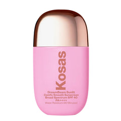 Kosas DreamBeam bottle closeup highlights lightweight sunscreen for makeup prep.