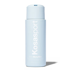 Kosas Kosasport Good Body Skin bottle being poured, highlighting exfoliation for smoother body skin.