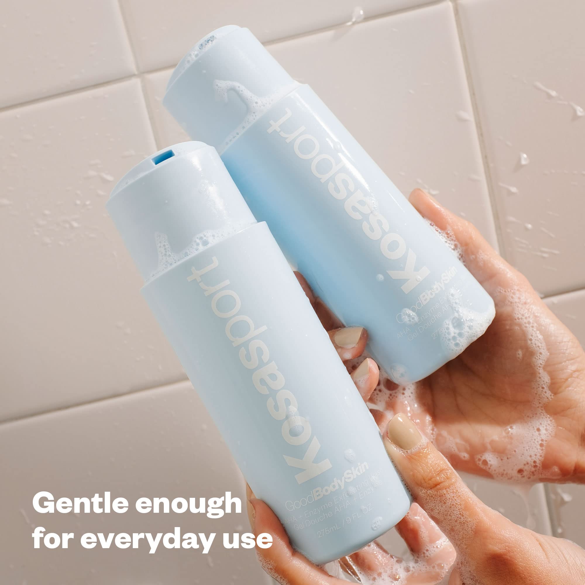 Kosas Kosasport Good Body Skin shower scene showing refreshing cleanse after workout.