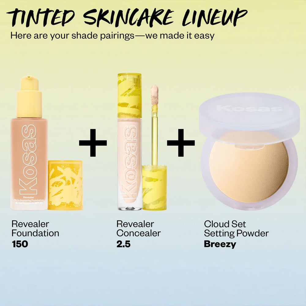 Kosas Revealer Foundation texture closeup emphasizes smooth, non-cakey skin.