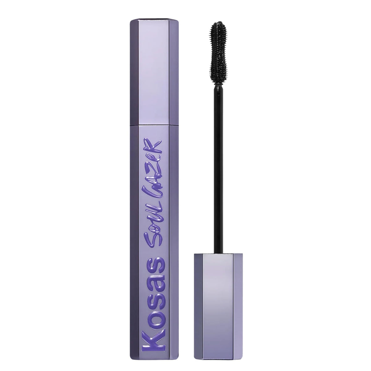Kosas Soulgazer curvilinear brush close-up demonstrates even lift and lash separation.