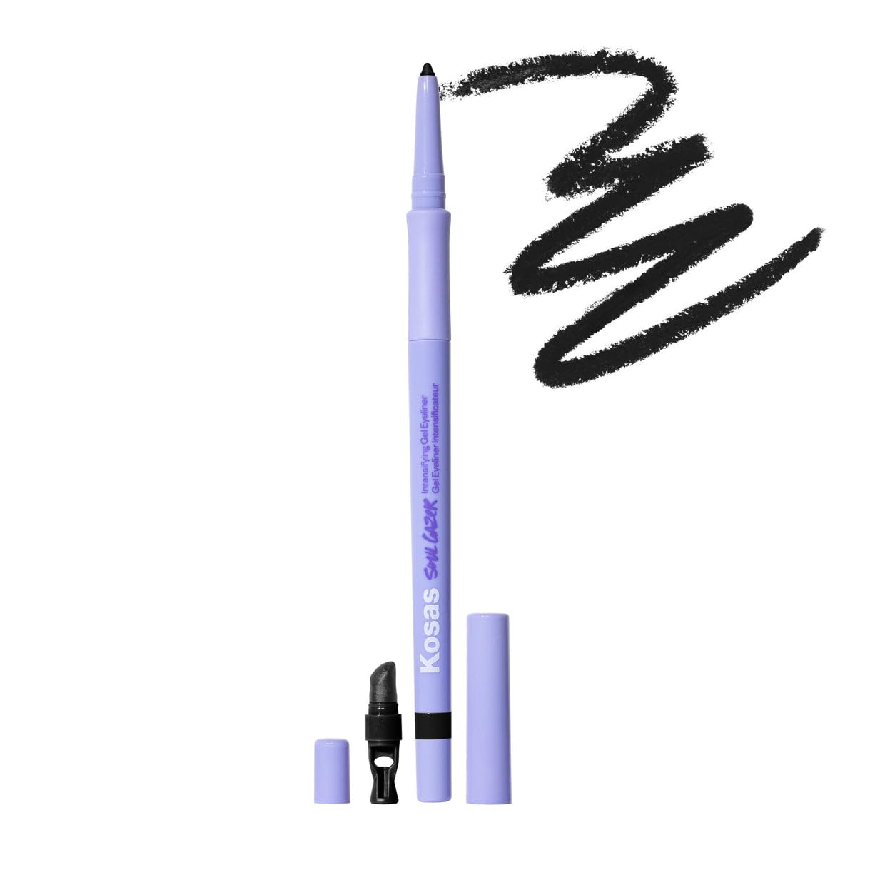 Kosas Soulgazer Eyeliner hypnotize closeup shows rich black matte pigment for precise lines