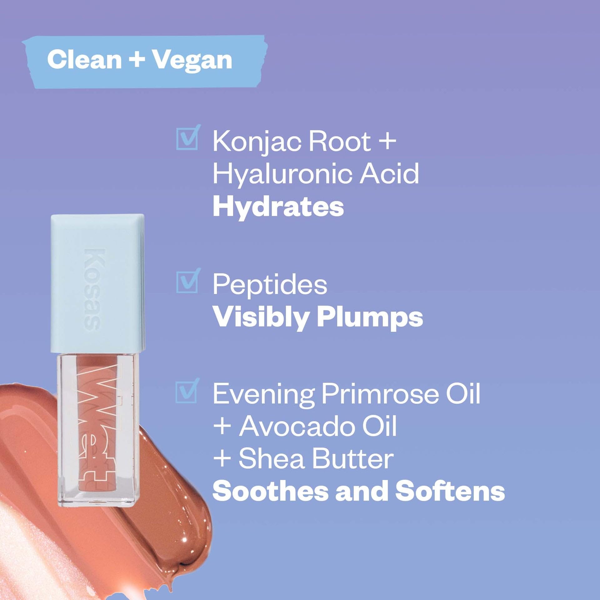 Kosas Wet Lip Oil Gloss peptides promoting subtle plump look.