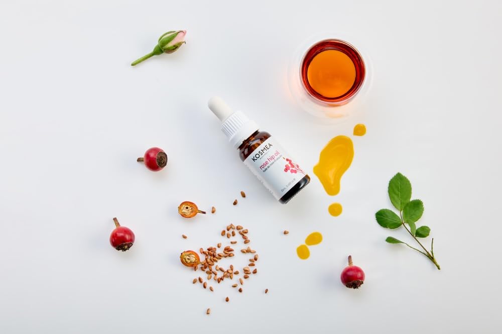 Kosmea Rosehip Oil close-up pour shows fast absorption with a non-greasy finish.