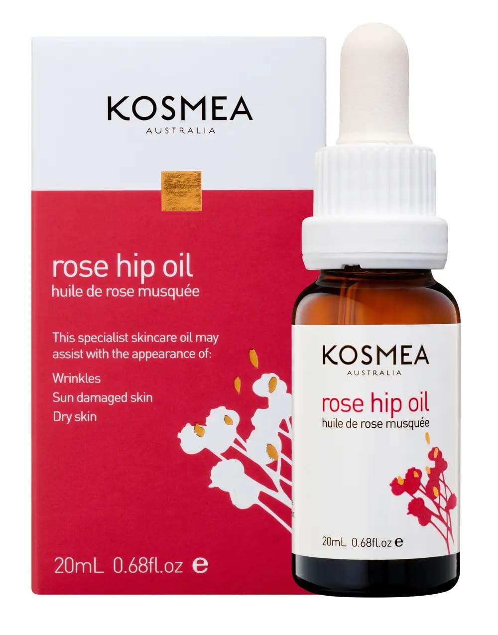 Kosmea Rosehip Oil label close-up emphasizes premium quality and ethical sourcing.