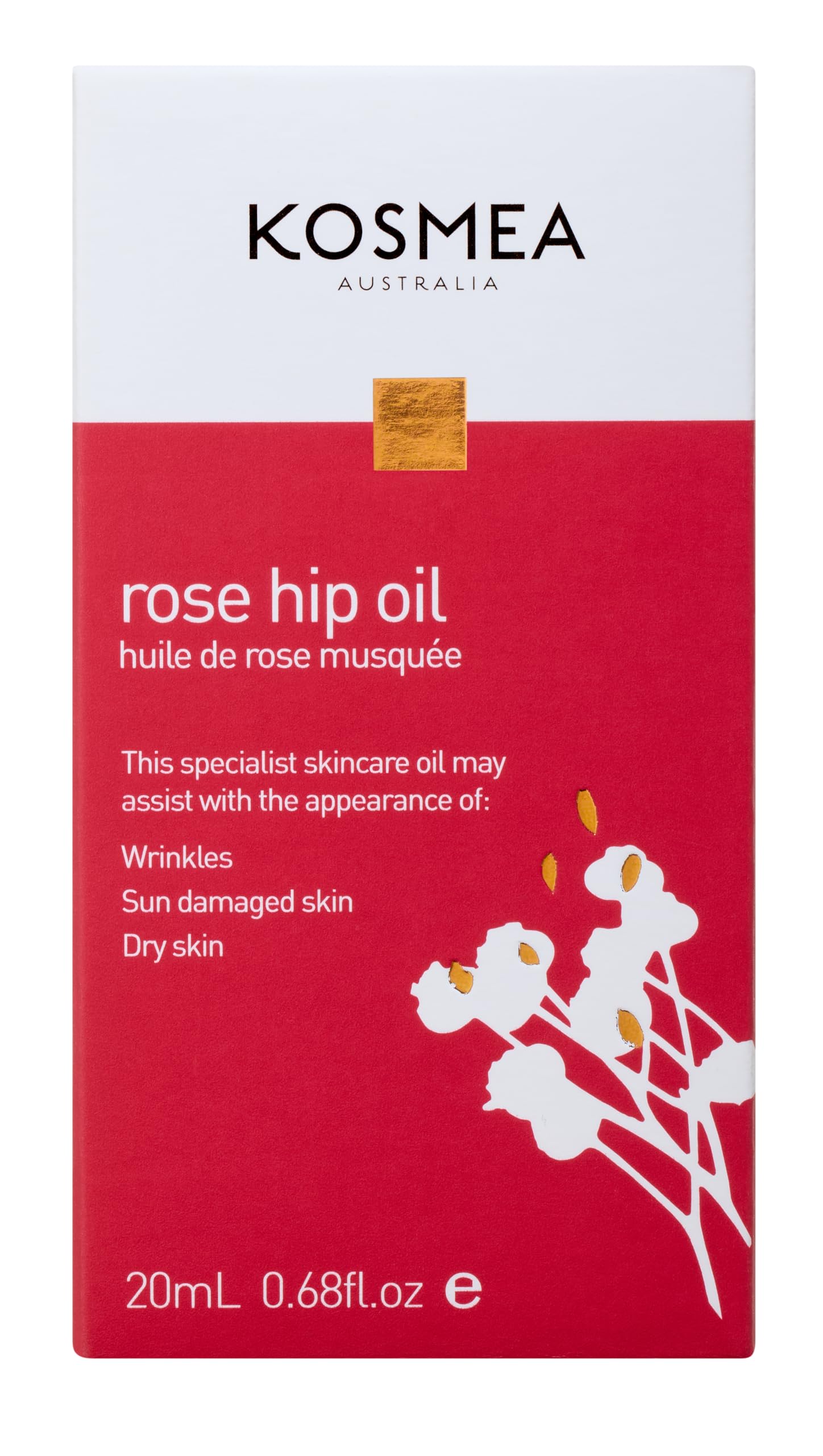 Kosmea Rosehip Oil texture swirl highlights silky finish suitable for all skin types.
