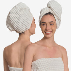 Kosmu hair wrap front view highlights a soft organic cotton design for gentle, efficient drying.