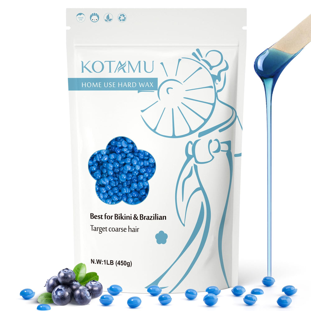 KOTAMU blue hard wax beads bottle for at-home hair removal on sensitive skin.