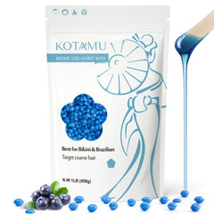 KOTAMU blue hard wax beads bottle for at-home hair removal on sensitive skin.