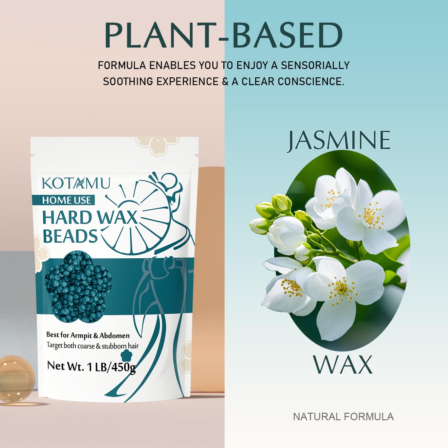 KOTAMU Jasmine hard wax beads packaging showing gentle formula for sensitive skin.