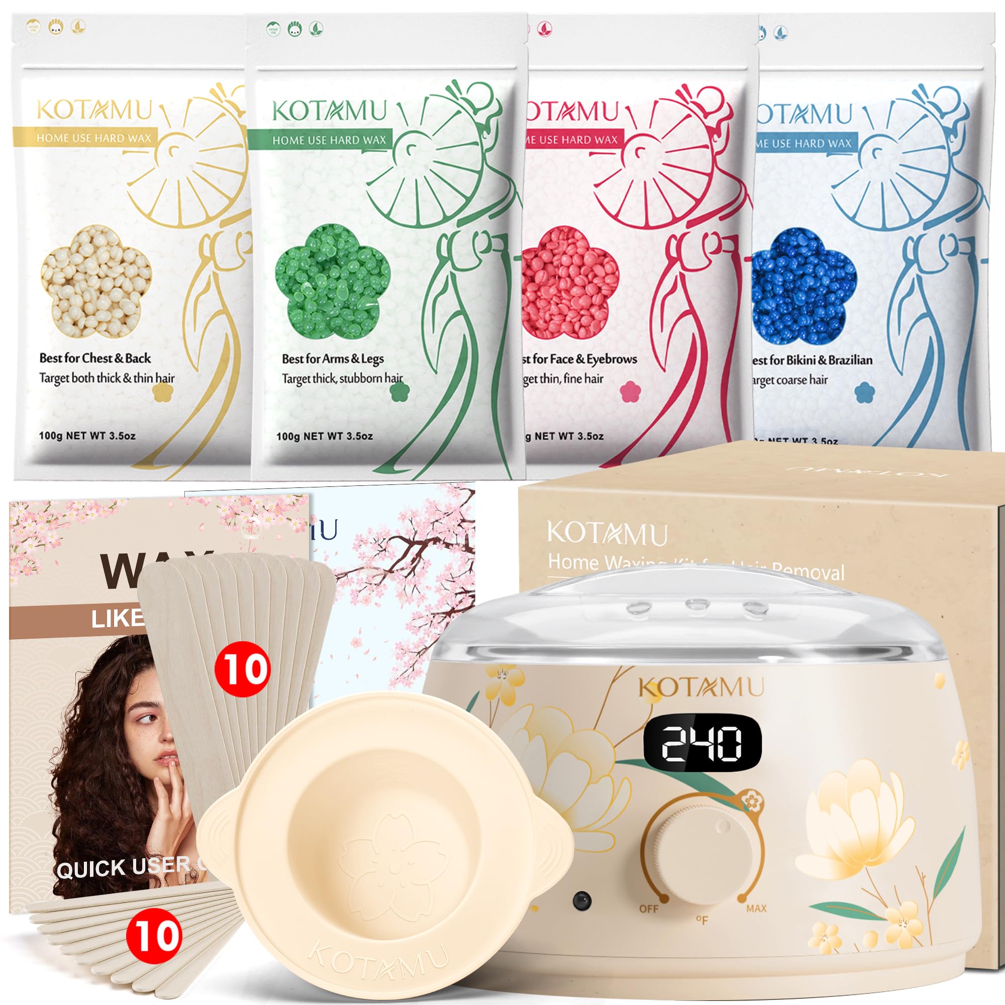 KOTAMU wax beads in pot for at-home salon-grade smoothness.