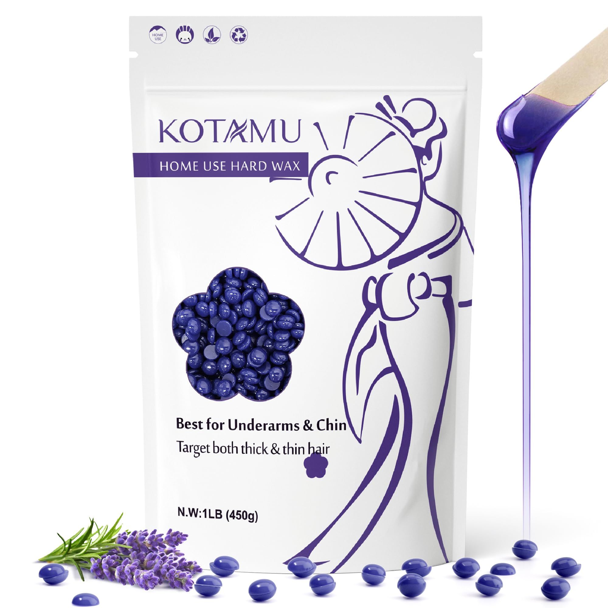KOTAMU lavender wax beads ready to melt for at-home waxing.