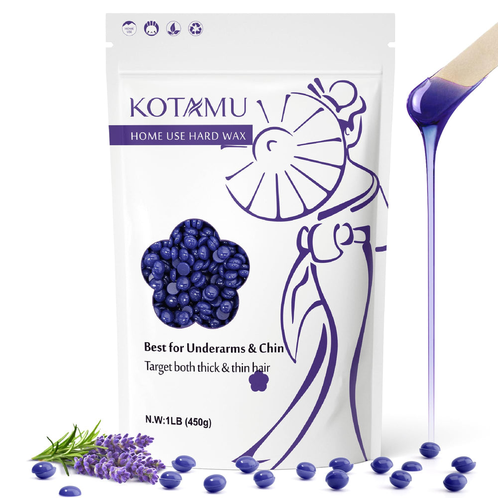 KOTAMU lavender wax beads ready to melt for at-home waxing.