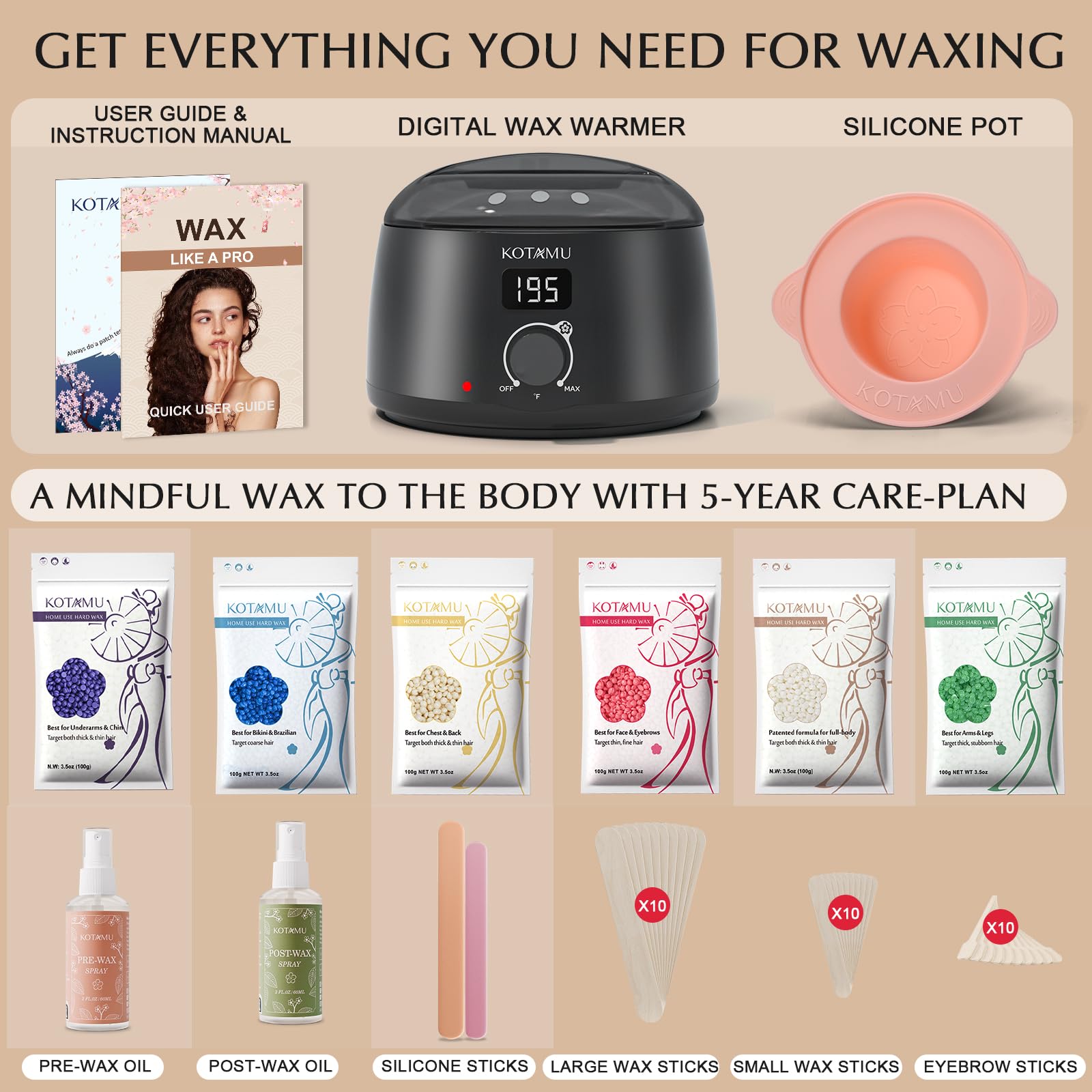 KOTAMU Waxing Kit six wax formulas showing versatile hair removal options.