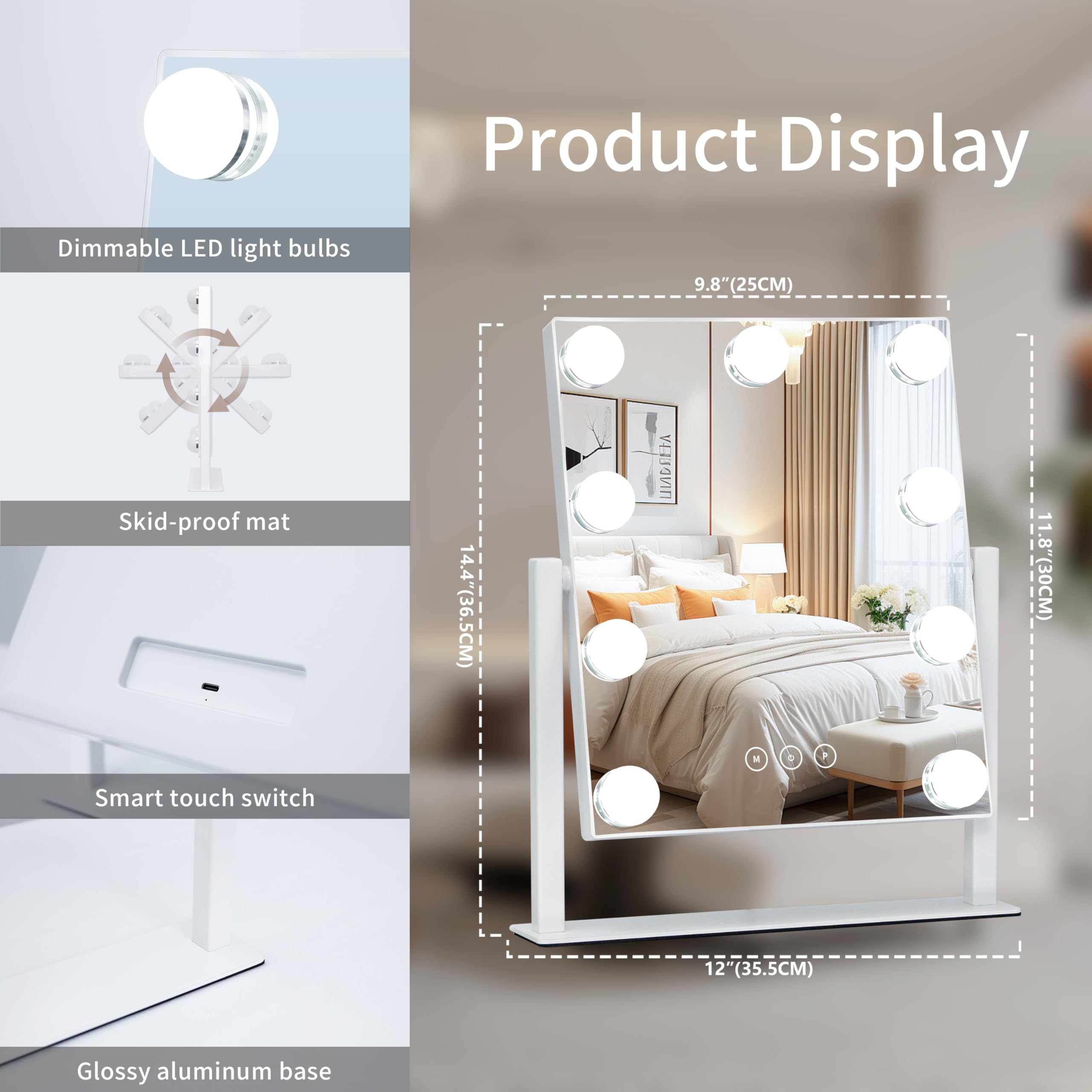 Kotdning lighted makeup mirror with three color lighting modes for versatile tones.