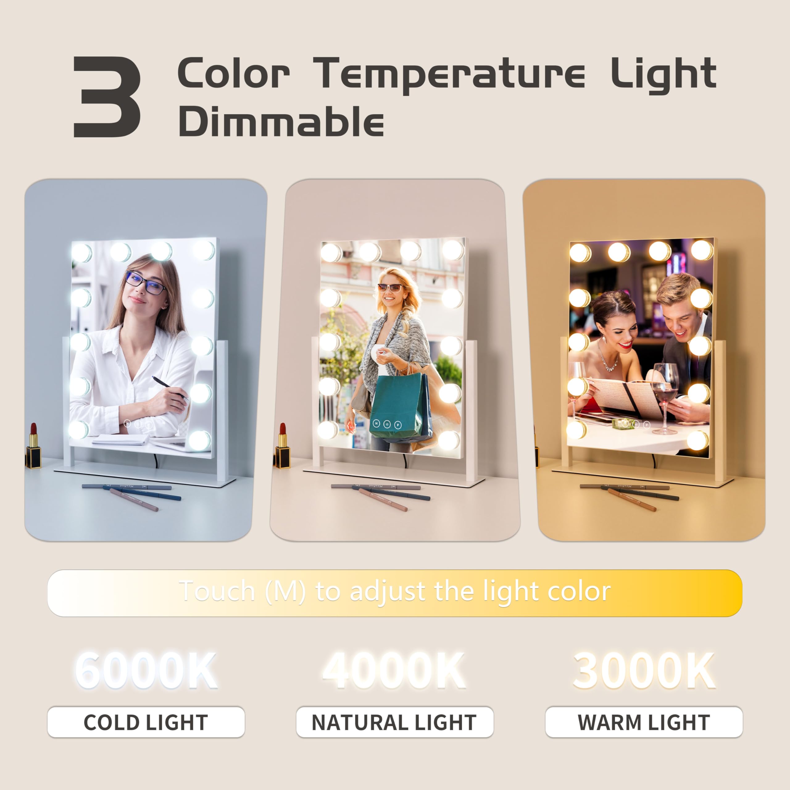 Kotdning vanity mirror uses touch-sensitive controls for quick lighting adjustments.