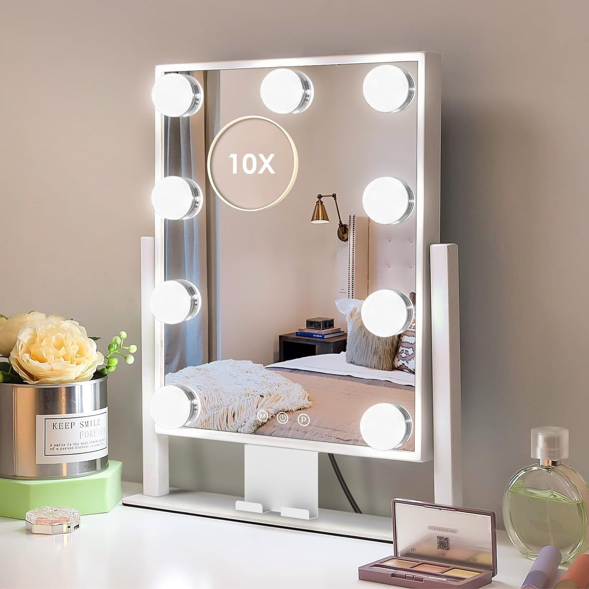 Kottova makeup mirror with lights 14x12 provides precise makeup framing.