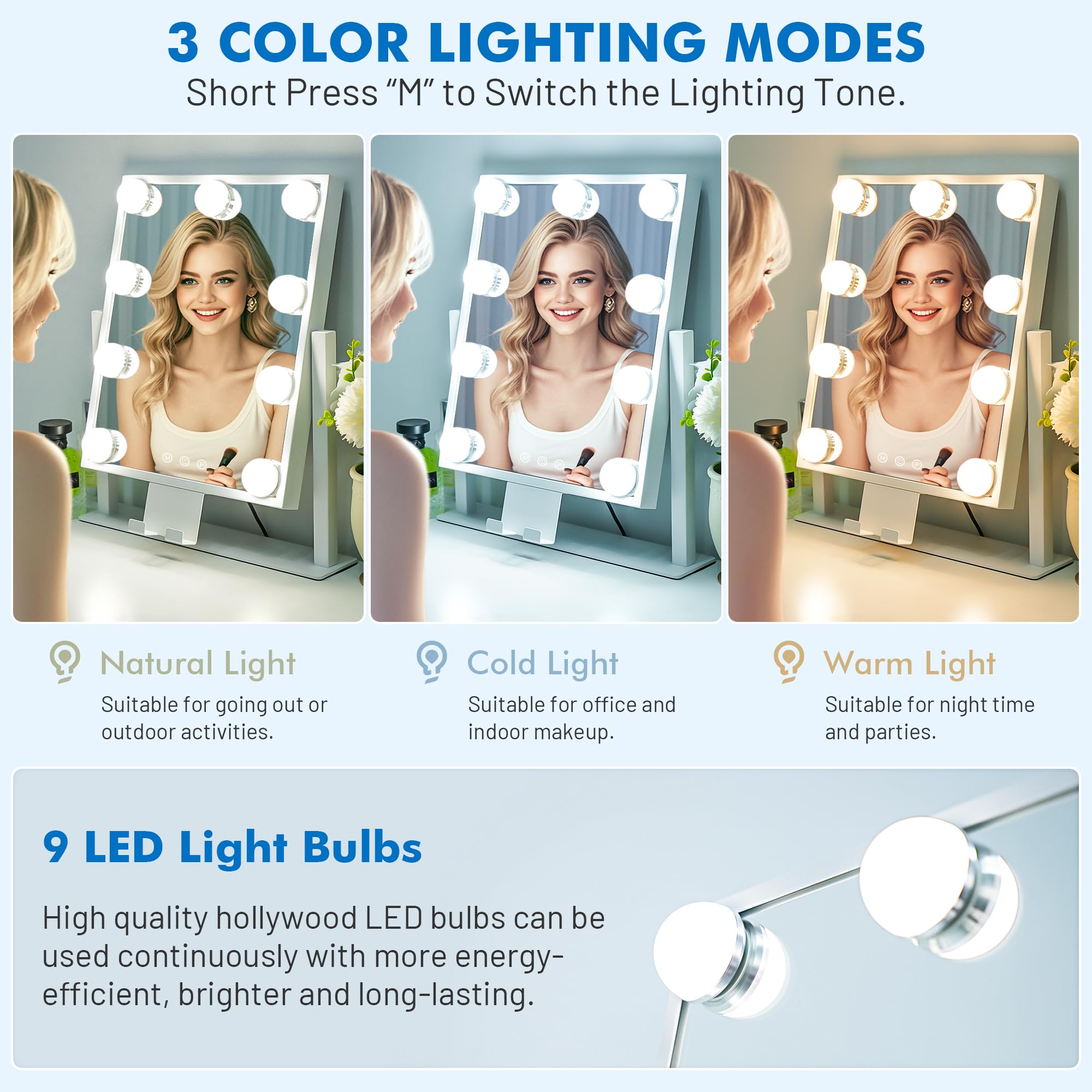 Kottova three-color dimmable lighting enhances skin tones for makeup.