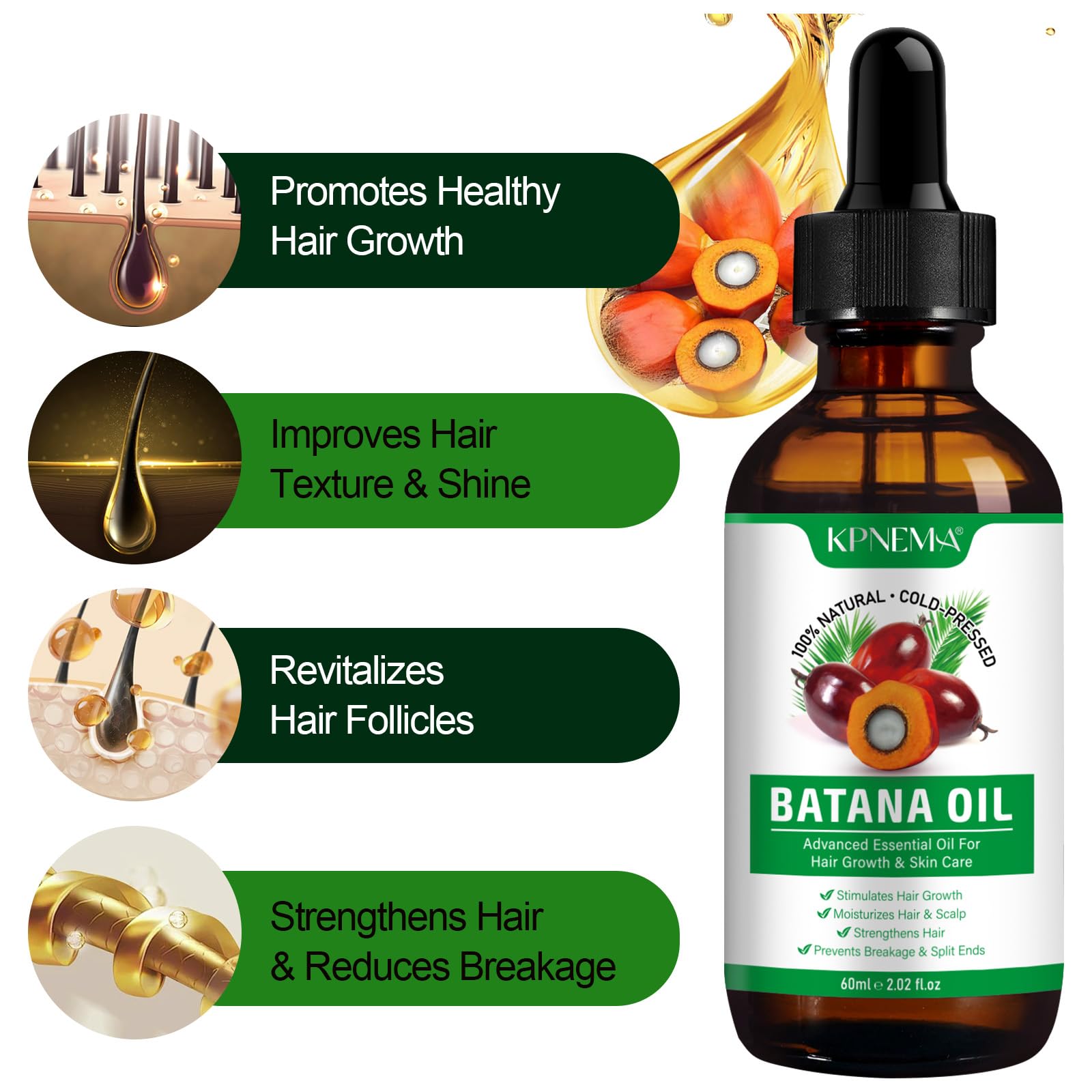 KPNEMA Batana Oil hair nourishment elasticity highlights improved hair flexibility and shine.
